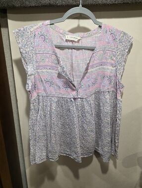 Lucky Brand Pastel Pink & Lavender Floral Peasant Top